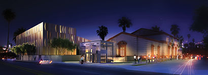 A view of the Wallis Annenberg Center comprising the new Goldsmith Theater (left) and historic 1933 Beverly Hills Post Office (right)