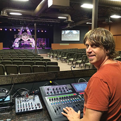 Matt Trask with the Allen & Heath GLD-80 mixer within Mosaic Christian Church