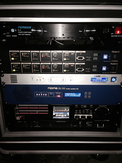 The M-480 takes a MADI split from the Midas Pro1 Console and Klark Teknik DN9650 format converter using the Roland S-MADI Bridge