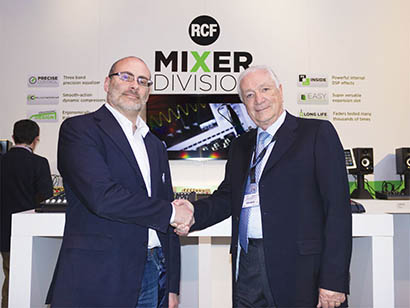 Umberto Zanghieri, founder of ZP Engineering, with RCF chairman Arturo Vicari at Prolight + Sound 2014