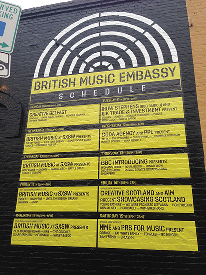 British Embassy lineup. Sponsored by the UK Trade and Investment Corporation, over forty UK bands played sets over a five day run with each band getting a 45 minute slot of time