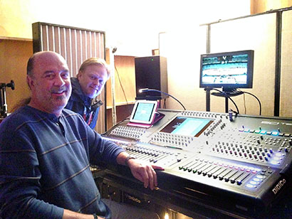 Ron Reaves (left) and Jason Spence at the DiGiCo SD10 console in the NHL Heritage Classic mix room