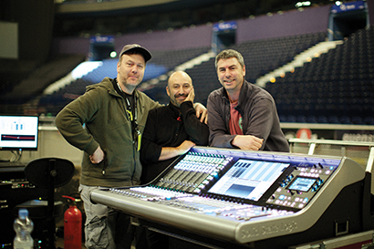 From left, Dickie Chappell, Dee Miller and Ben Findlay with SSL Live console. Brit Row has been providing three of the desks for Peter Gabriel's ongoing Back to Front tour. Photography: York Tillyer, © 2013 Peter Gabriel Ltd.