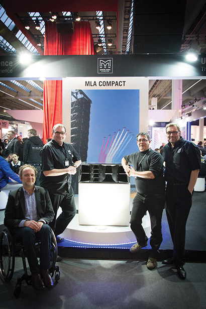 Pro audio and lighting specialists ARC-Productions, based near this city in Belgium’s Flanders region, have confirmed the purchase of 16-enclosure Martin Audio MLA Compact and Mini PA rigs, the first company in that country to do so. Pictured here are, from left, Steven Kemland, Andy Davies (Martin Audio), Marc De Baets and Andreas Weingärtner (Martin Audio) at the PL+S booth in Frankfurt.
