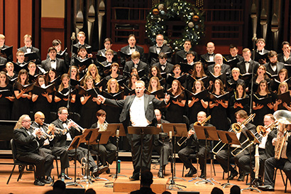 The Concert Choir from Kirkland, WA-based Northwest University. Bill Owen conducts the annual concert at Benaroya Hall in Seattle. At the concert, recording veteran Steve Smith used a combination of microphones from Audio-Technica to capture the live performance. Photo by John Vicory.