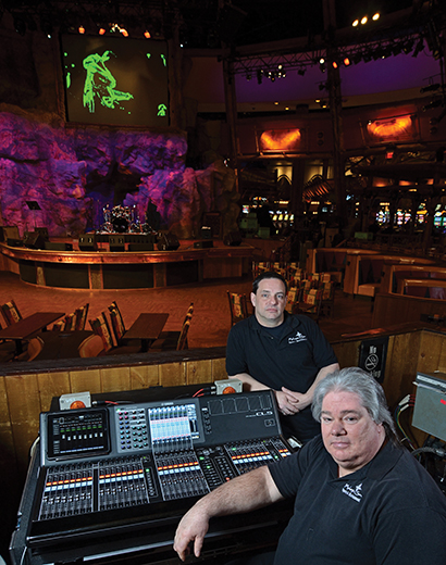 Standing, Mat Diamond, Wolf Den’s lead audio technician. Seated: Curt Wade, FOH engineer. Photo by CM Photos.