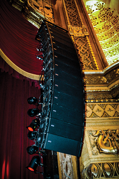 Thunder Audio is providing an RCF system that includes 28 TTL55-A Line Array Modules and 4 TTL36-AS subwoofers. The gear is pictured here at  the Fox Theater in Detroit. Photo by Kathy Vargo/On the Rocks