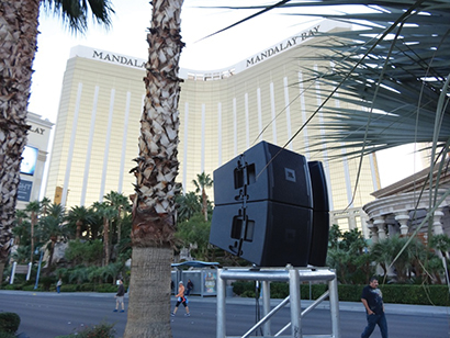 AV Vegas supported the 2013 Las Vegas Rock 'n' Roll Marathon with pairs of truss-mounted JBL VRX932LA Constant Curvature loudspeakers every 200 feet down the Boulevard, lining the street with 2,800 feet of delay loudspeakers. 