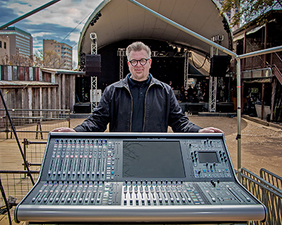 Flogging Molly's FOH engineer, Kevin Lemoine, with the SSL Live console