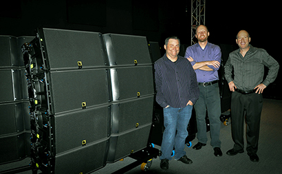 LMG production services recently added the L-Acoustics K2 line array speaker system to the firm’s audio inventory to support its corporate event and concert touring divisions. Pictured here with the new equipment are, from left, Shane Smith, LMG Director of Audio; Kevin Bridges, LMG Executive Director of Technical Services, and Les Goldberg, LMG CEO/President