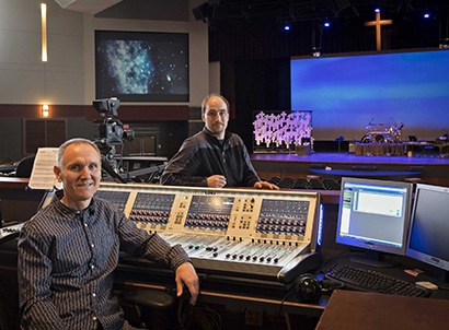 From left, technical associate Wayne Jeschke and technical director Paul Nadeau-Bonilla with First Alliance Church's new Soundcraft Vi6 console