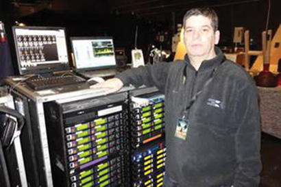 Production RF Engineer Amir Carmel with Shure wireless gear for Hearbeat of Home dance tour