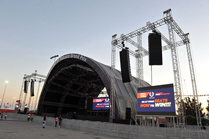 Left-right hangs of 12 E15 enclosures cover the main seating area with side fill handled by two more Adamson Y18 line arrays, each comprised of eight enclosures
