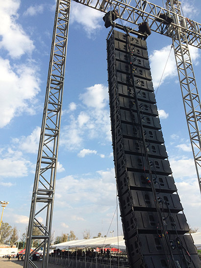 Rear view of the stage right DAS Aero 50 line array cluster used on the Gerardo Ortiz Tour Mexico 2014.