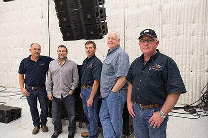 Pictured here, from left, is Paul Bauman, associate director, tour sound, JBL Professional; Jeff Harris, district sales manager, Harman; Hoyt Atkinson, owner, Atkinson Sound; Steve Johnson, CEO, HP Marketing; and Derreld Yost, Atkinson Sound.