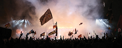 The main audio setup for the Pyramid Stage, a focal point at the annual Glastonbury Festival, will include Martin Audio’s MLA system provided by RG Jones Sound Engineering. Pictured here are images from last year’s festival. The 2014 festival is set for June 25-29.