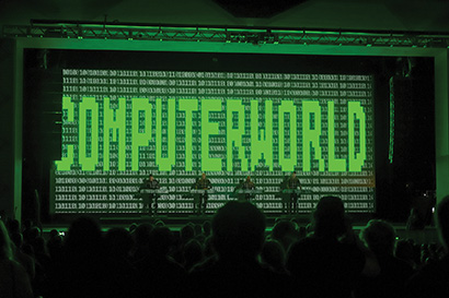 Kraftwerk, flanked by K2 arrays, performing at Moogfest 2014. Photo by Ryan Powell