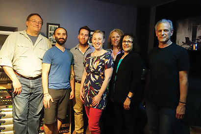 Participants in the Sensaphonics Gold Circle seminar for audiologists gathered in the control room at Mystery Street Recording Company, Chicago. From left: Dale Radke (Hearing Consultants, Kittery, ME); Sensaphonics sound engineering consultant Joe Tessone; Eric Nelson (Weill Cornell Medical College, New York, NY); Analise Ludwig (Minneapolis, MN); Theresa Bartlett (Virginia Hearing Consultants, Norfolk, VA); Helene Levenfus (Cedar Audiology, Lyndhurst, OH); and Sensaphonics President Dr. Michael Santucci.