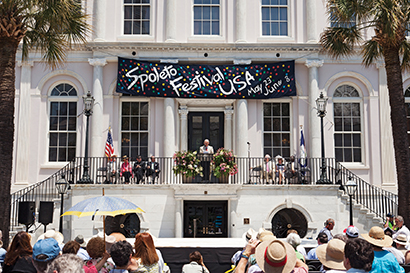 Pictured here, Charleston mayor Joseph P. Riley speaks on the steps of City Hall to kick off the 2014 Spoleto Festival USA celebration. Photo by Julia Lynn
