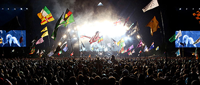 Glastonbury's Pyramid Stage included a total of 72 MLA for the main hangs, eight MLA Compact for stereo infill at the pit barrier and four delay positions of 14 MLA each. Pictured here, Metallica