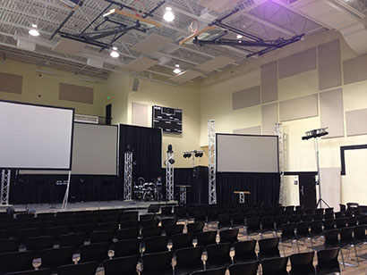 The new Faith Church location in Hammond, Indiana, featuring acoustical treatment and other gear sourced through GC Pro. Photo by Ryan Nigh, GC Pro. © 2014