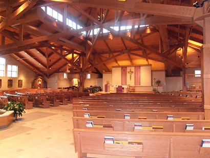 St. Madeleine Sophie Church in Schenectady, NY upgraded with a Community ENTASYS ENT-FR full-range column coupled to an ENT-LF low-frequency column for each side of the chancel and a Community dSPEC226AN DSP processor for loudspeaker management and system equalization.