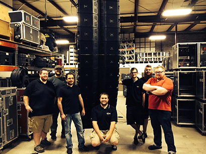 CTS Audio Adds More Than 100 HARMAN JBL VTX Series Line Array Loudspeakers to Its Tour Sound Inventory. Pictured here, from left, are CTS Audio’s Brooks Abbott and Gage Waltz; JBL Professional’s George Georgallis; and CTS Audio’s Mark Kimmel, Duncan Ferguson, Trent Stegink and Jon Schwarz.