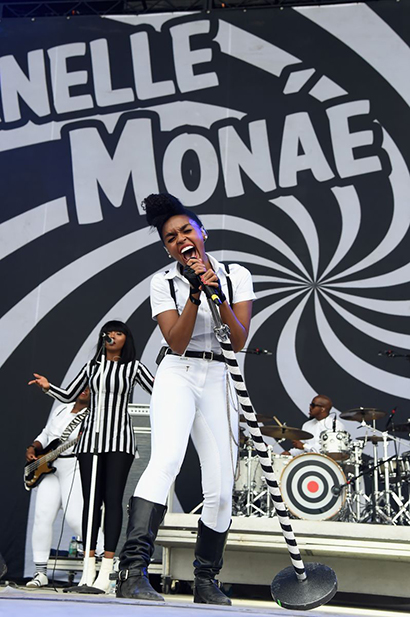 Janelle Monae on Bonnaroo's Main Stage. Photo by Jeff Kravitz-Film Magic.