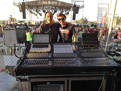 FOH mixer Greg Huffman (left) and monitor mixer Andrew Sullivan at one of Morris Light and Sound’s two new DiGiCo SD10 desks on tour with Jake Owen