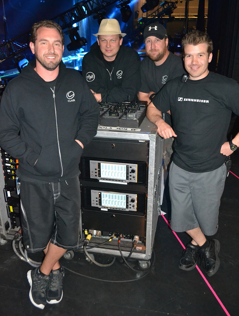 The audio crew for the American Idols LIVE! Tour 2014 (L-R: Monitor Engineer and RF Technician Dustin DeLuna, Monitor Technician Matthew Van Hook, Front of House Engineer Kirk Shreiner and PA Technician Jeff Weurth)