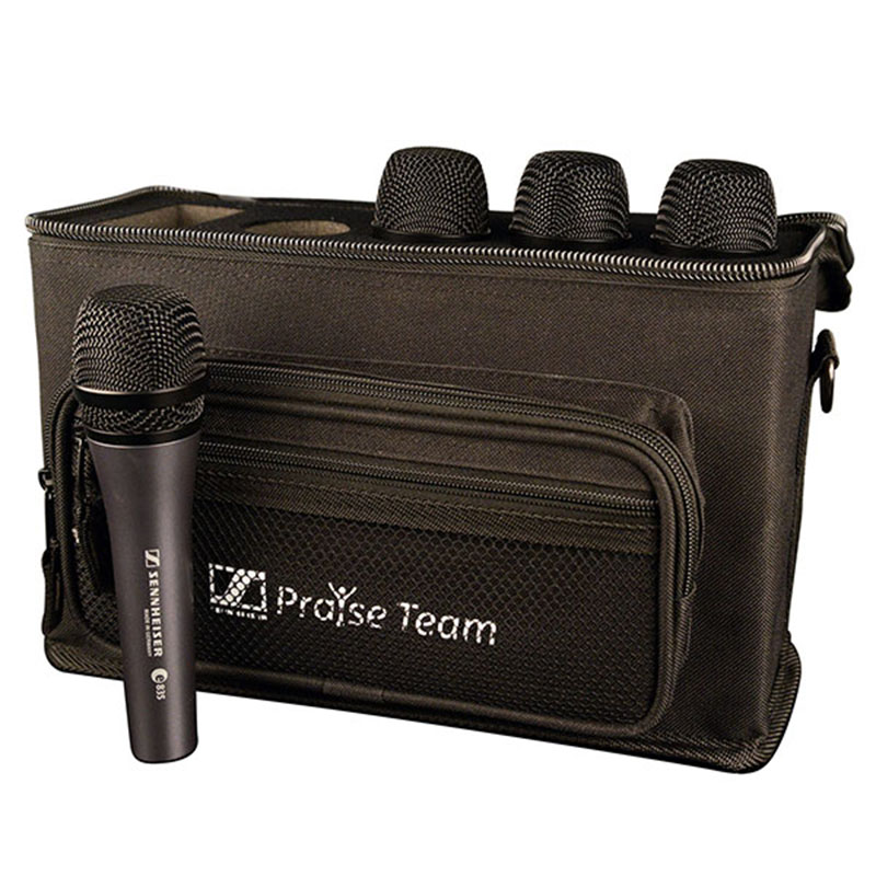 Sennheiser's new Praise Pack consists of (4) e 835 dynamic vocal microphones, (4) mic pouches and (4) mic stand clips, all housed in a rugged and specially embroidered Gator case.