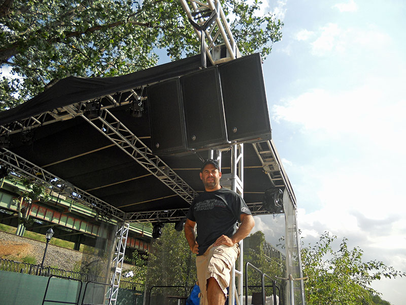 La Marina NYC Using D.A.S. Audio WR Series for Outdoor Events. Edwin Diaz, E&A Sound’s owner, is pictured here with the WR-6412DX two-way, passive outdoor point source loudspeakers.