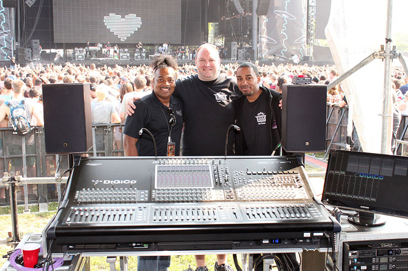 OutKast has been performing with DiGiCo SD10s at FOH, Monitors. Pictured here, from left, is FOH engineer Darcy Khan, FOH tech Chad Fuller and monitor engineer Kevin Brown. They are at Lollapalooza’s Samsung main stage in Chicago, where OutKast performed before some 70,000 fans.