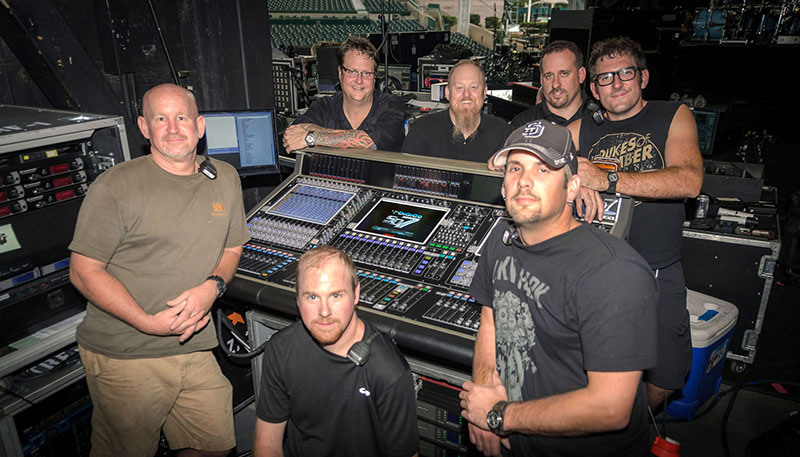 The Carnivores tour audio crew. Top, L-R: Ken “Pooch” Van Druten (FOH mix), Kevin “Tater” McCarthy (monitor mix), Paul White (monitor technician/wireless coordinator) and Vic Wagner (FOH systems engineer). Bottom, L-R: John Leary (audio crew chief, PA tech), Nathan Payne (PA tech) and Scott Taylor (PA tech).
