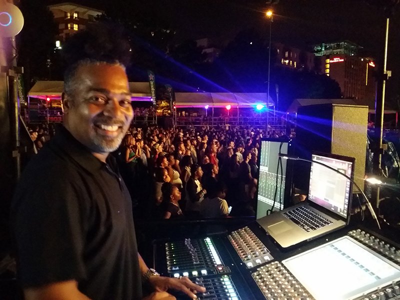 20,000+ Crowds for OutKast Summer Tour Finale Covered with Meyer Sound LEO System.Pictured here, FOH engineer Darcy Khan 