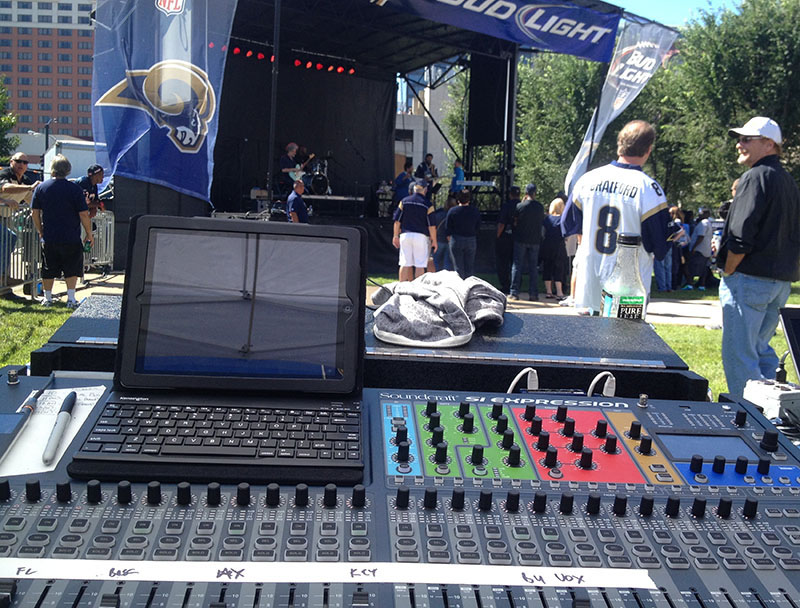 Technical Productions Inc. (TPI) supported a pre-game event for the NFL’s St. Louis Rams by providing an Si Expression 3 console with two 32x12 stage boxes and three Dante cards, plus five BSS Audio FCS-960 graphic EQ units and four BSS Audio FDS-366T loudspeaker management processor.
