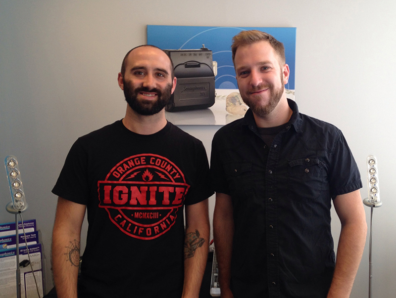 From left, Sensaphonics sound engineering consultant Joe Tessone and Aaron Patkin, monitor engineer for Chance The Rapper.