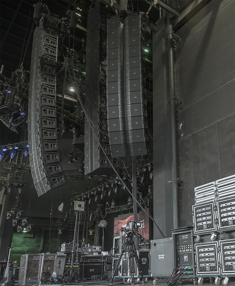 Stage left view shows JBL VTX V25 array, flown S28 subs and side hangs. Photo by Vic Wagner