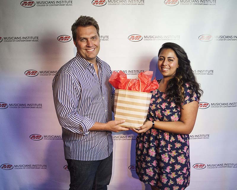 From left, Musicians Institute audio engineering program chair Jonathan Newkirk and incoming student Danica Renee Garcia, who was selected for the second annual Hosa Technology Audio Engineering Program Scholarship based on a 500-word essay that she submitted.
