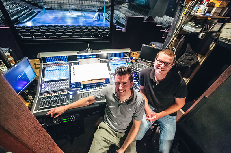 Resident sound designer Robert Gilmartin (left) and sound engineer James Guess at The Marriott Theatre’s new DiGiCo SD7T console