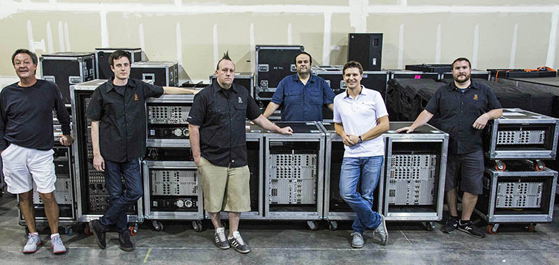 3G Productions Gets Assist from Stagtec Nexus Star Router in Las Vegas. Pictured here, from left, are Terry Murphy, Clark Stewart, Will Taylor, Joe Ramos (in back), Keith Conrad (in white), and Jon Daly.