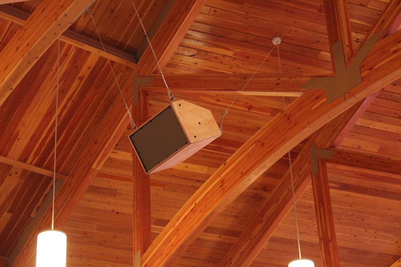 One of the Danley loudspeakers hanging in the main sanctuary area. 