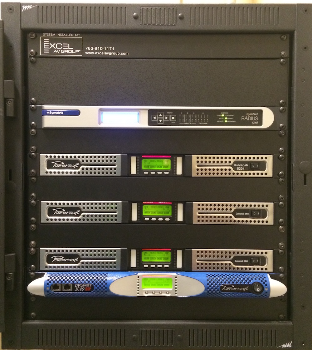 The Excel AV Group rack, which consists of a Powersoft K10, (2) Powersoft Duecanali 3904s and (1) Powersoft Duecanali 5204. 
