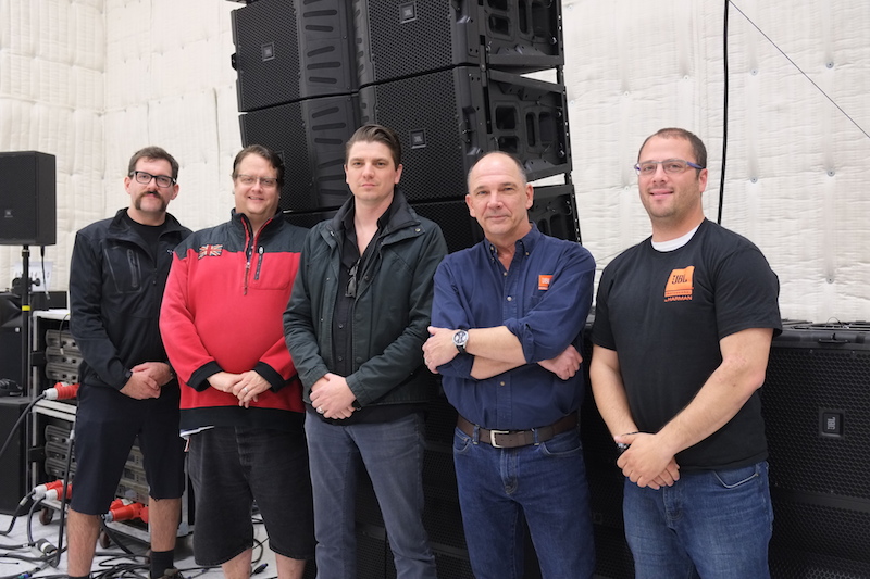 (Left to Right): Vic Wagner, Sound Image; Ken “Pooch” Van Druten, FOH engineer; Jesse Adamson, Sound Image; Paul Bauman, JBL; and Eric Friedlander, JBL.