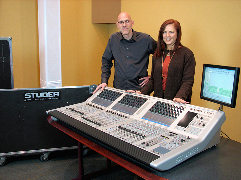 Dale Pro Audio e-Commerce Director, Tim Brown, and co-owner, Valerie Lager, proudly display the new Studer Vista 1 console being installed in Dale Pro Audio’s demo room.