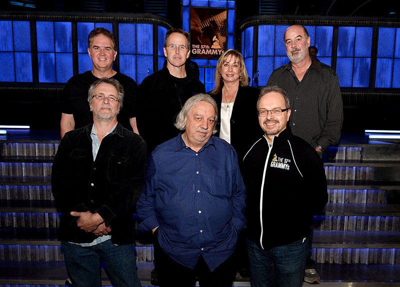 Only minutes before the start of the 57th Annual GRAMMY Awards, several members of the 2015 audio team gathered for a photo. Pictured L-R: top row: Andrew “Fletch” Fletcher, FOH System Engineer; Mikael Stewart, FOH Production Mixer; Maureen Droney, Producer & Engineers Wing Managing Director; Ron Reaves, FOH Music Mixer. Bottom row: Mark Linnet, M3 Offline Remix Truck Engineer-in-Charge; Eric Schilling, Co-Broadcast Music Mixer; and Glenn Lorbecki, Grammy Award Telecast Supervisor of Broadcast Audio.