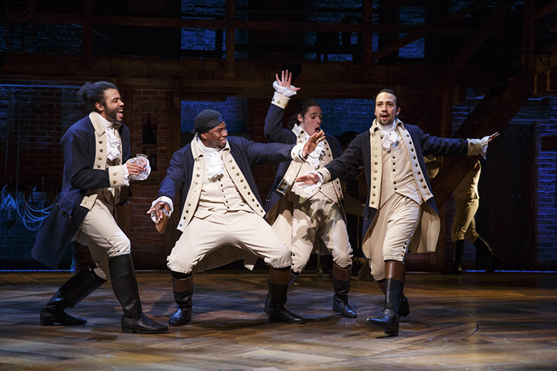 Daveed Diggs, Okieriete Onaodowan, Anthony Ramos, and Lin-Manuel Miranda in Hamilton, with book, music, and lyrics by Lin-Manuel Miranda, inspired by the book