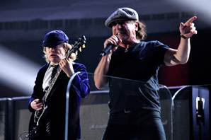 Brian Johnson (R) and Angus Young of AC DC perform onstage during The 57th Annual GRAMMY Awards at the STAPLES Center on February 8, 2015 in Los Angeles, California. (Photo by Lester Cohen/WireImage)