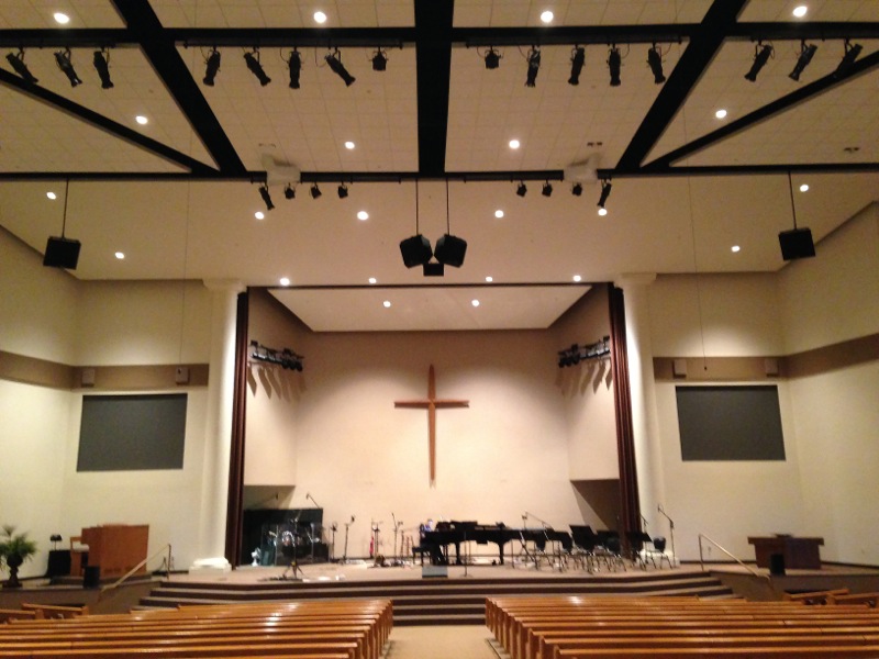 The new sound reinforcement system consists of two QX594i loudspeakers (center) and single left-right QX596i enclosures with three EAW MK8196 loudspeakers for front fill.