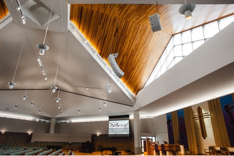 The interior loudspeaker installation consisted of (8) RCF TTL33 passive loudspeakers, with left and right ''fill' clusters consisting of (3) RCF units (c) Charlie B. Ward